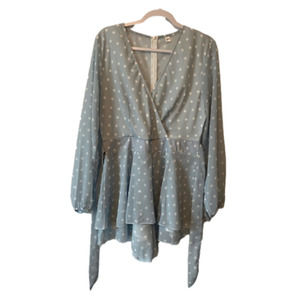 Fashion Boho Sheer Robins Egg Blue & White Polka Dot Belted Shorts Romper Large
